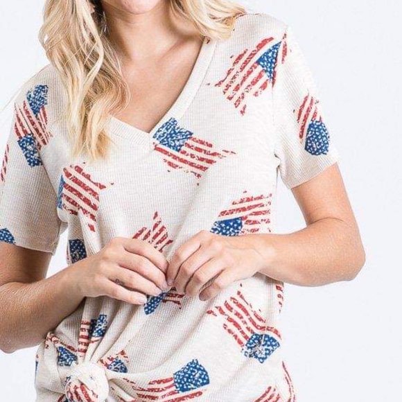 NWOT Heimish USA Short Sleeve V-Neck Waffle Tee Top w/ American Flag sz 2XL - Picture 2 of 5